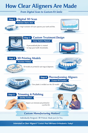 Infographic illustrating the process of making clear aligners, featuring steps like digital scanning, custom treatment design, 3D printing, thermoforming aligners, and quality control, highlighting advanced orthodontic technology by Paul DiFranco Orthodontics in Palos Hills, IL.